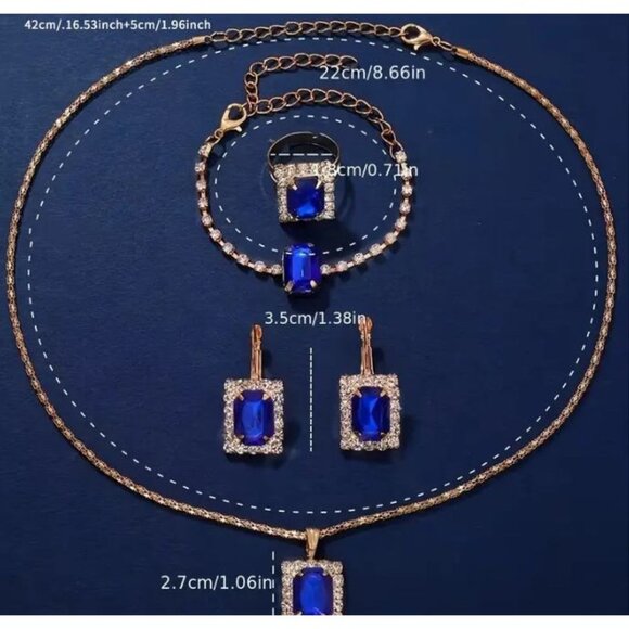 Sparkling Blue Costume‎ Jewelry Set: Necklace Earrings Ring & Bracelet - Picture 3 of 3